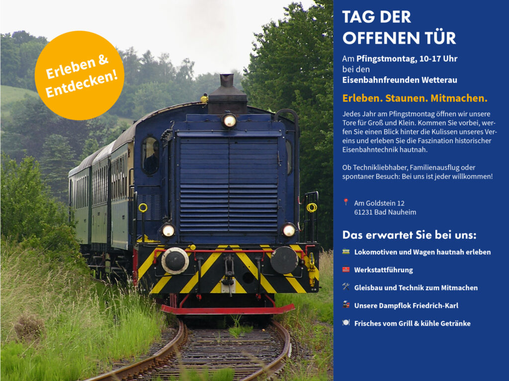 Historischer Zug der Eisenbahnfreunde Wetterau fährt durch grüne Landschaft – Einladung zum Tag der offenen Tür am Pfingstmontag mit buntem Programm
