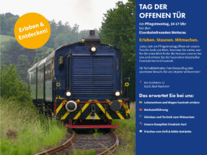 Historischer Zug der Eisenbahnfreunde Wetterau fährt durch grüne Landschaft – Einladung zum Tag der offenen Tür am Pfingstmontag mit buntem Programm